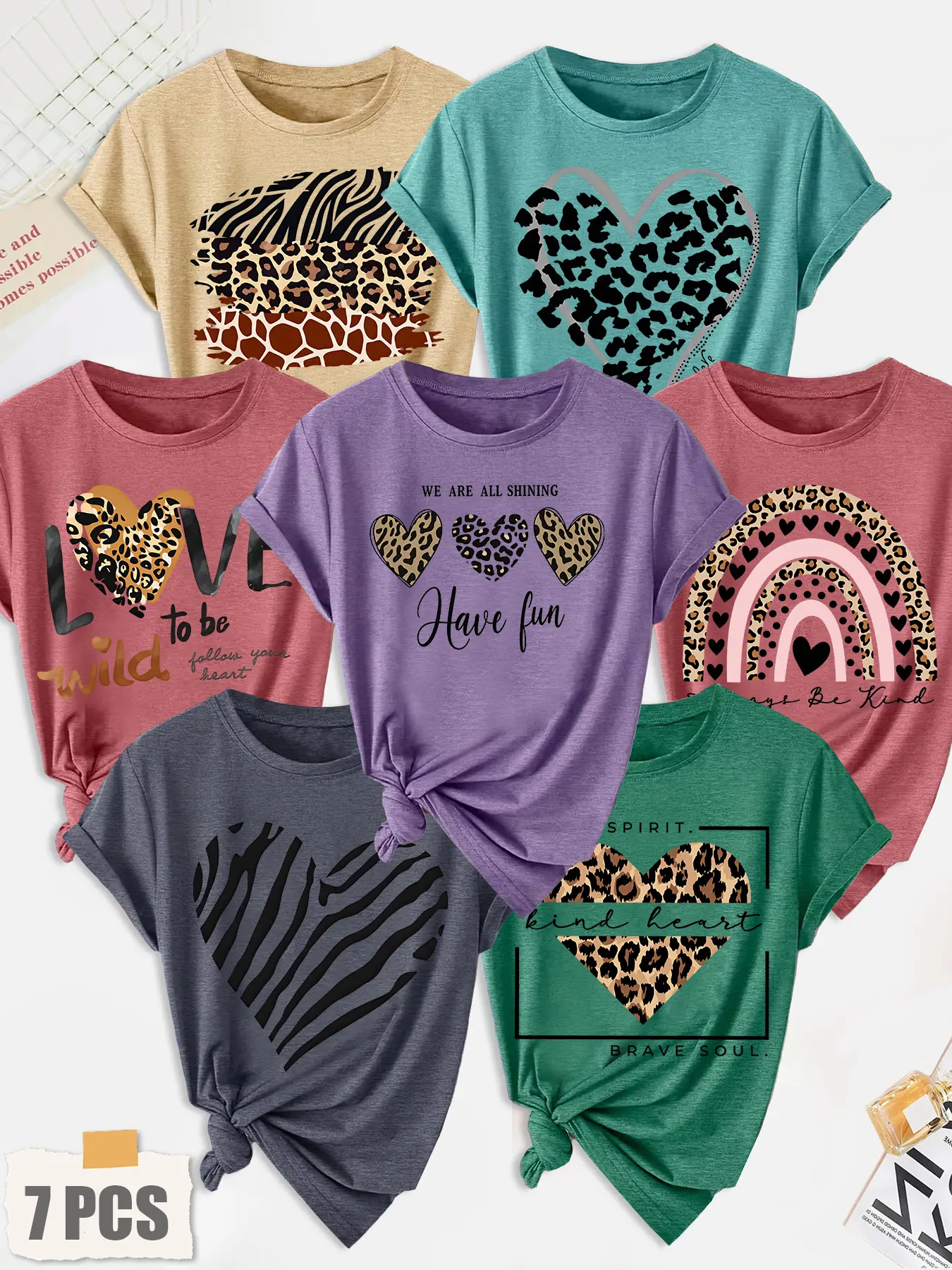 7Pcs Women's Crew Neck T-Shirt, Butterfly Surrounded Hollow Heart Mixed Print, Multiple Colors Available, Machine Washable, Spring & Summer Top, Soft Skin-Friendly Fabric, Daily Versatile, Casual Fashion Design