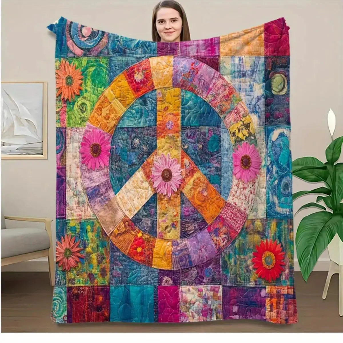 Hippie Peace Symbol Floral Blanket Vibrant Patchwork Boho Flannel Throw Blanket for Living Room Bedroom Dorm Decor