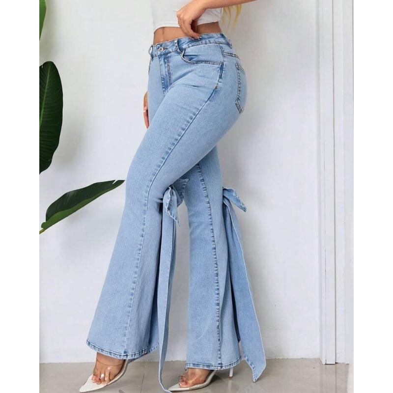 Fashion Women's Jeans High Waist Stretch Bow Trimmed Flared Jeans