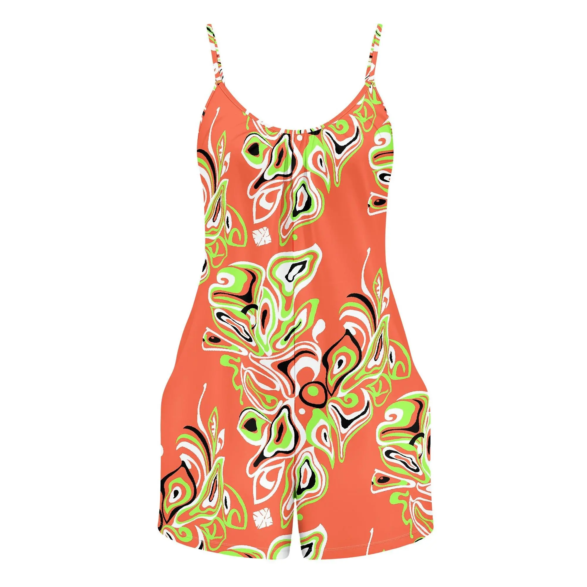 Psychedelic Orange Jumpsuit with Abstract Design, Romper with Pockets, Ideal for Beach Getaways, Sizes S-2XL