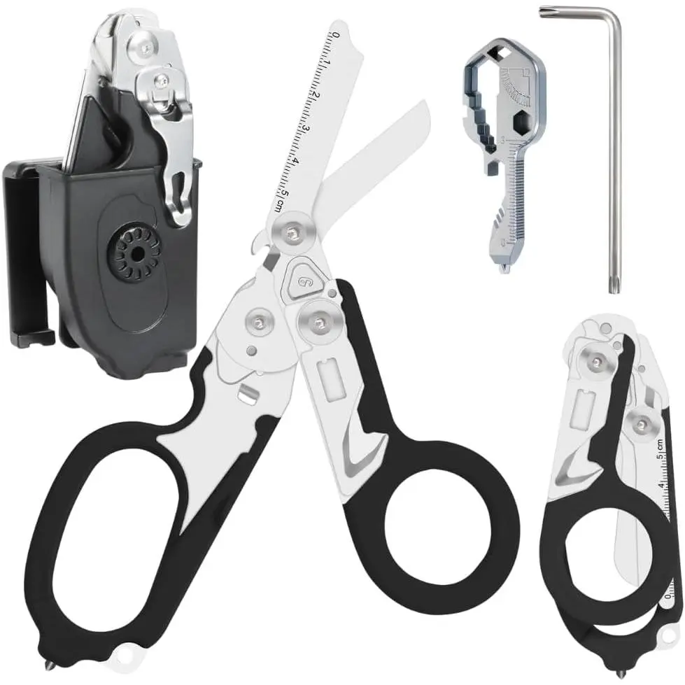 6-in-1 Foldable Trauma Shears with Holster, Stainless Steel |   , Strap  & Ring , Glass Breaker &  Wrench, For EMTs,  & First Responders