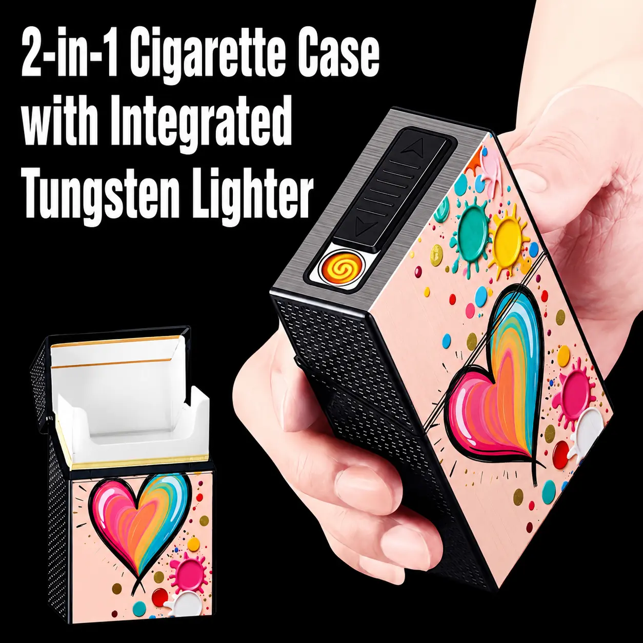 2-in-1 USB-C Rechargeable 20-Slot Storage Case with Built-In Tungsten-Wire Electronic Lighter, Heart-Shaped Design, Windproof, Pressure-Resistant, Thickened and Durable