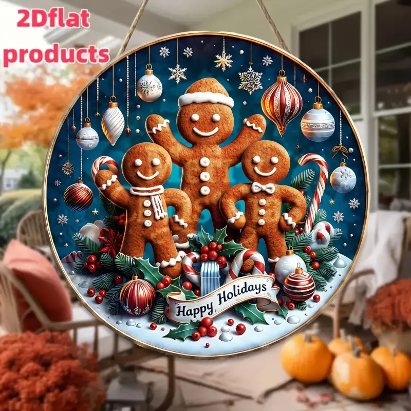 2D Flat Gingerbread Men And Christmas Ornaments Wooden Sign, Round Wooden Ornament For Home Wall & Door Decor, Happy Holidays Gift For Family And Friends
