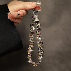 Stylish Glitter Crystal Bead Pendant Detachable Colorful Crystal Bead Keychain Transparent Phone Lanyard Women Girls