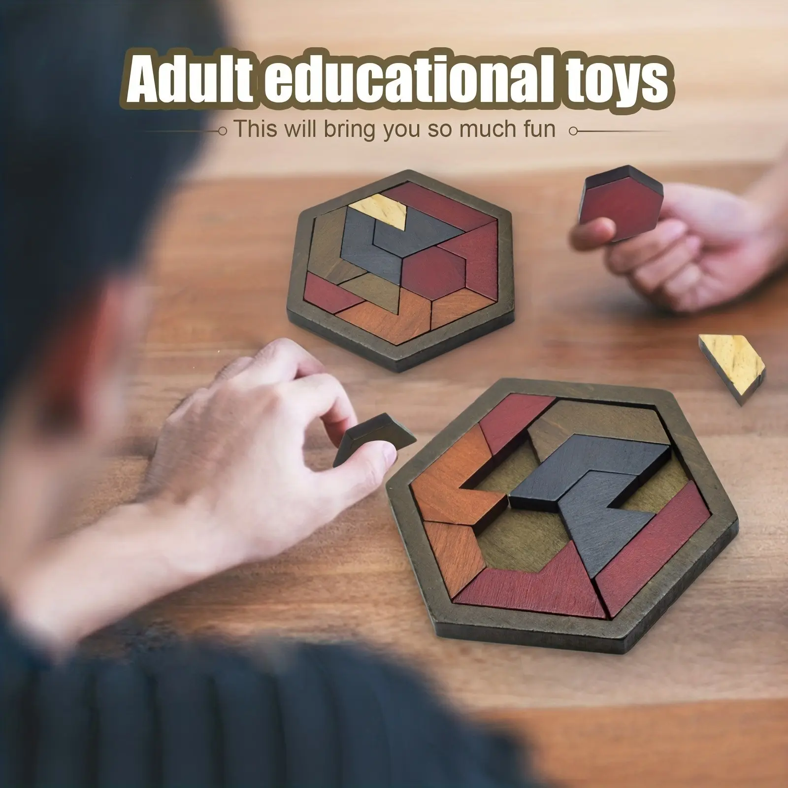 1 Set Hexagon Tangram Puzzle, Wooden Puzzle Toys, Challenging Wooden Brain Teaser Puzzles for Adults, Puzzle Games, Family Portable Brain Games, Halloween, Christmas, Thanksgiving Day Gift, for Party Games and Activities