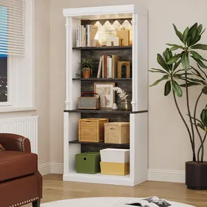 Garvee - Tall Storage Shelf with 5 Open Shelves, Roman Column Design, and 4 Adjustable Lights, White Wood Grain Storage Cabinet in White and Black