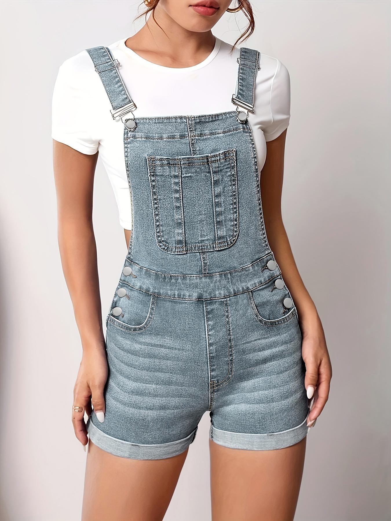 Women's Solid Color Button Fly Denim Overalls, Casual Chic Comfy Skinny Overalls for Daily Wear, Ladies Clothes for Summer