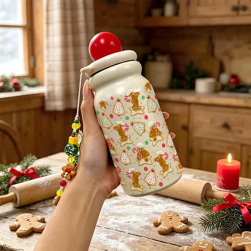 500ML Christmas Tree & Gingerbread Man Travel Mug, Stainless Steel Insulated Cup with Straw, Leak-Proof, Perfect Holiday Gift