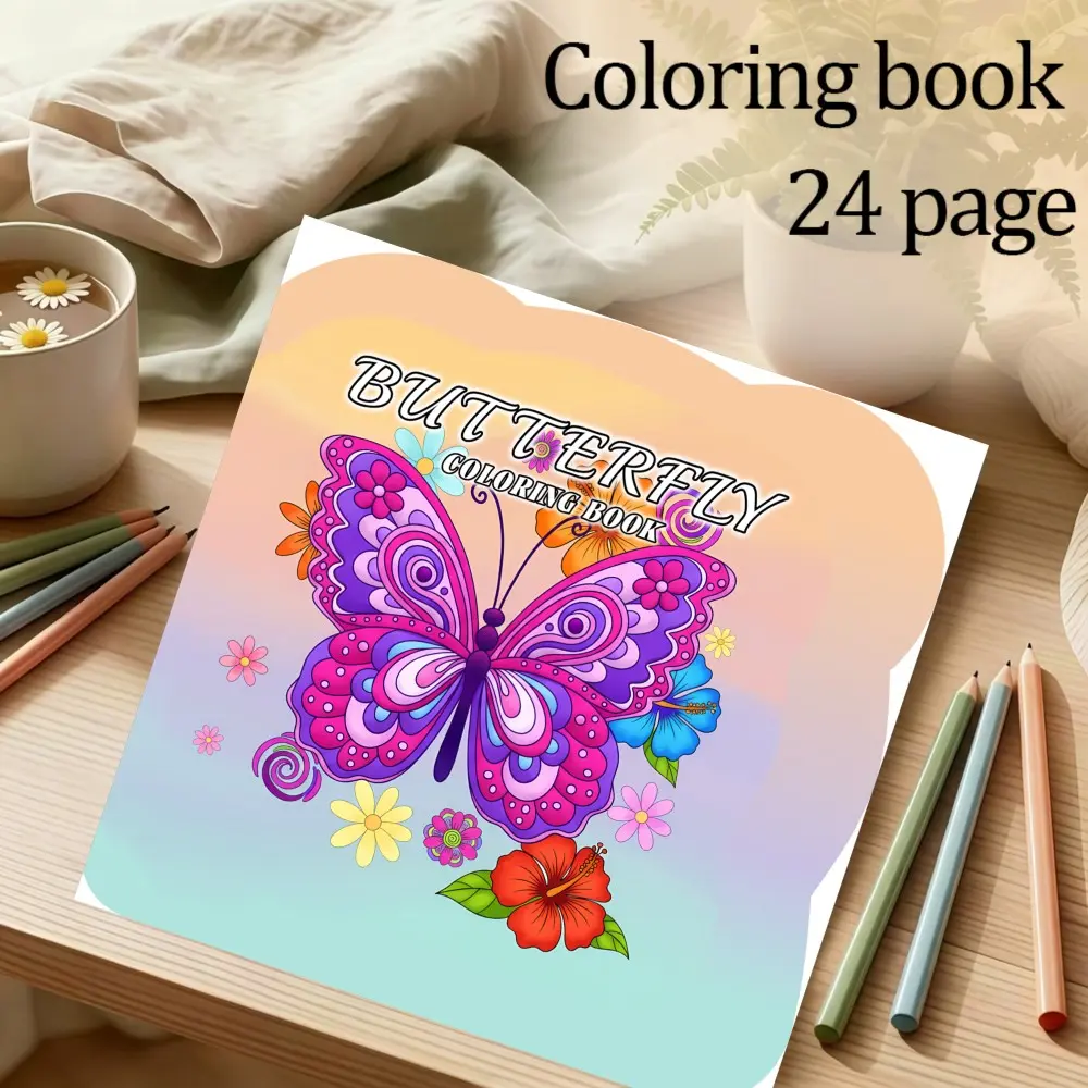 Art Butterfly Coloring Book, 24 Simple Relaxing Patterns, 7.9in×7.9in Size, Thick Paper, Hand-Drawn Design, Perfect Gift for All Ages, Party
