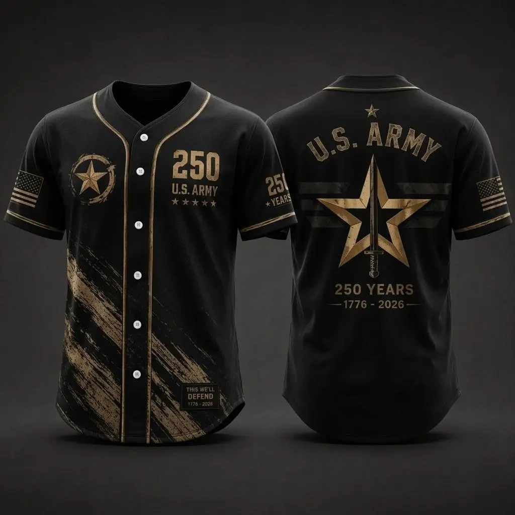 Delivered after July 4th-US Army 250th Anniversary Baseball Jersey, This We'll Defend 1776-2026 Shirt, Black Gold Military Veteran Gift, 250 Years of Army Apparel