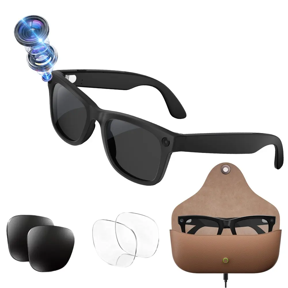 Bluetooth Audio AI Glasses, Wearable Smart Glasses with Video Recording,8MP Camera, TR90 Frame+Metal Hinge,Leather Charging Case,2GB Memory,Hands-free Recording,300Mah Battery,IP65 Waterproof,AI Translation,Bluetooth Call,Music Playback,WiFi Transfer