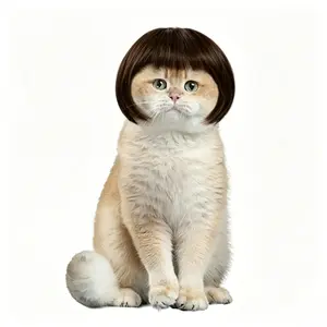Clip-on Pet Wig with blunt bangs and bob hairstyle. Funny head accessories for cats and dogs, ideal for holiday parties and fun photo shoots.