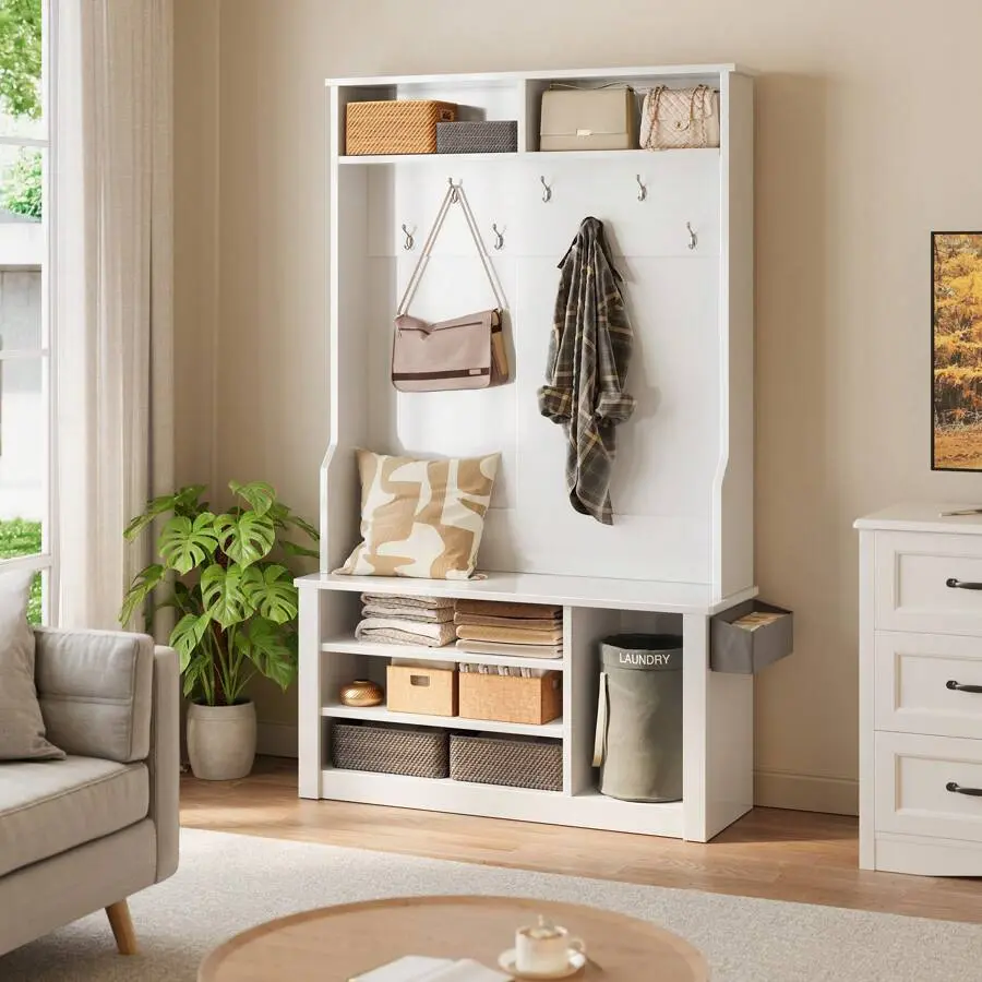 3-In-1 Hall Tree With Bench, Entryway Bench With Coat Rack And Adjustable Shoe Storage, Hall Tree With 2-Tier Top Storage, Entryway, Hallway, Bedroom