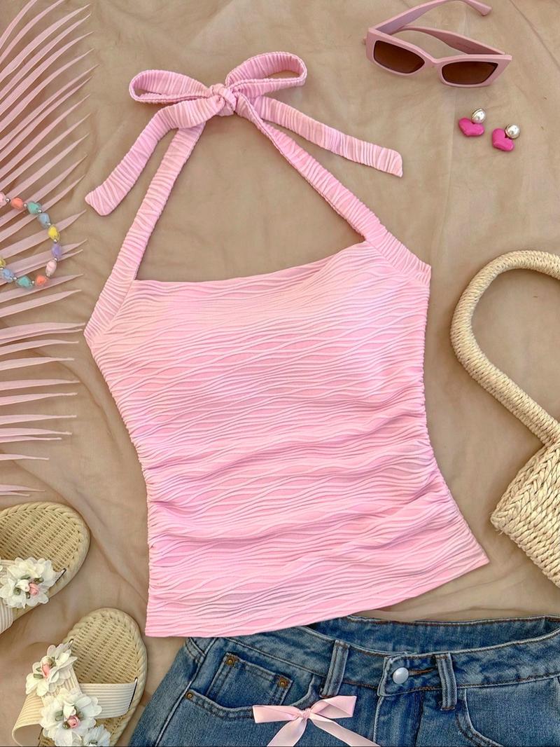 Women's Solid Boho Sleeveless Halter Top, Casual Minimalist Sleeveless Top for Summer, Ladies Clothes for Daily Wear