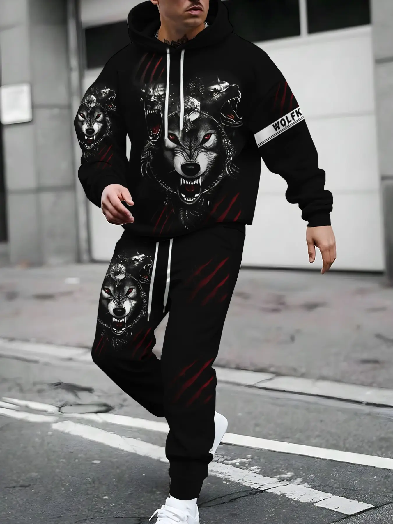 Street Style Wolf Head Full-Print Two-Piece Set, Dark Wind Drawstring Hoodie & Jogger Pants, Casual Asymmetrical Design, Fall Winter Wear