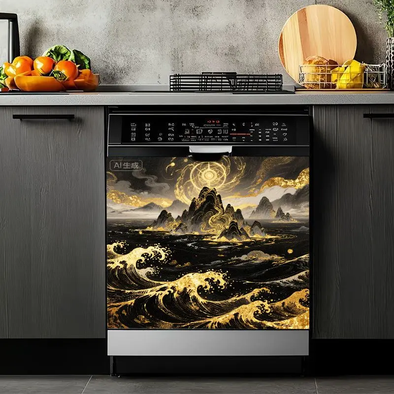 2D Flat 2Pcs Golden Wave Mountain Art Dishwasher Sticker, Luxury Oriental Ink Style Landscape Design, Waterproof Appliance Decorative Decals, Removable Self-Adhesive Kitchen Vinyl Cover for Washing Machine Refrigerator Cabinet Door