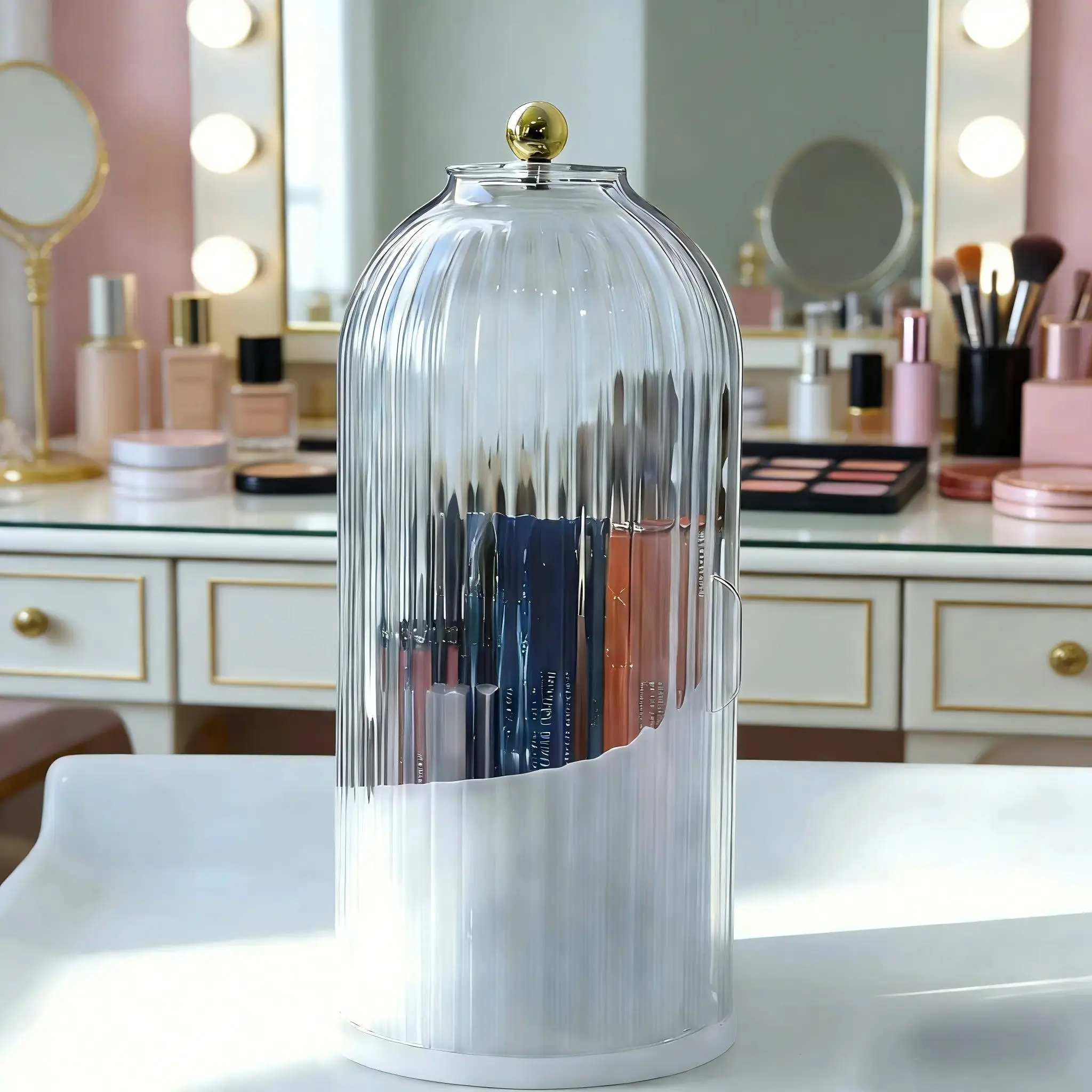 Decorative Plastic Dustproof Rotatable Toothbrush Holder with Cover - Durable Freestanding 3-Slot Organizer, Ample Room for Electric Toothbrushes & Toothpaste, Transparent Vanity Holder with Decorative Gold Ball (Bathroom Countertop, Mother's Day Gift)