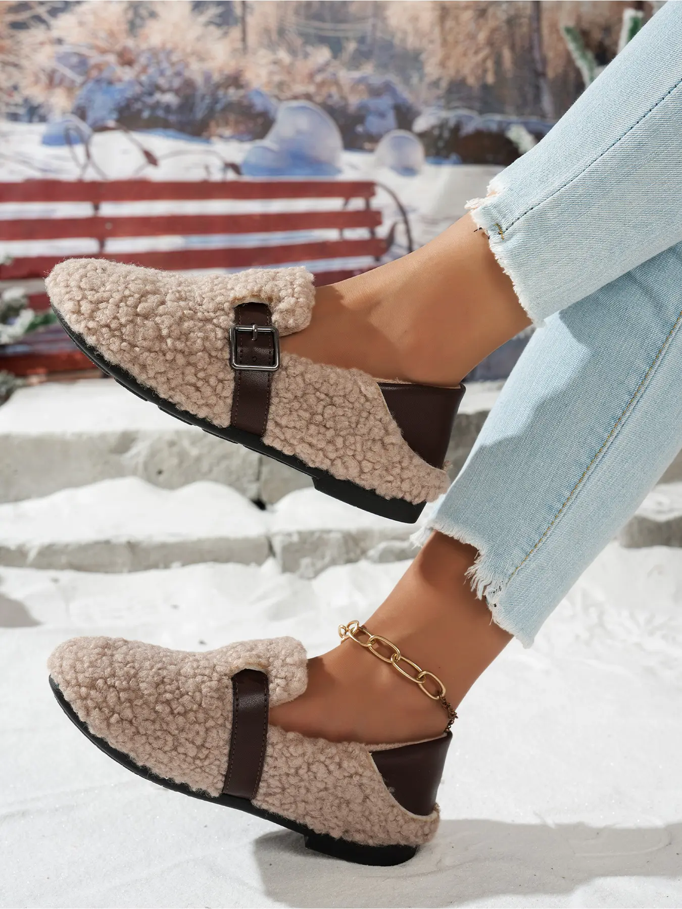 Women's Teddy Fleece Mule Slippers Buckle Decor Slip On Flat Non-Slip Sole Warm Plush Lining Indoor Outdoor Clogs