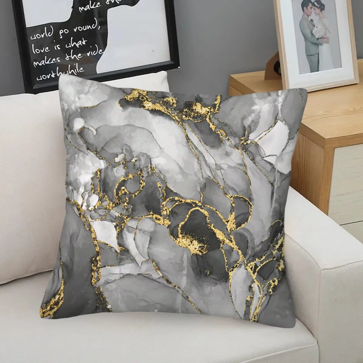 Luxury Gold Foil Marble Fluid Throw Pillow With Insert, Multi-Color Gold Ink Wash Gradient Pattern, Elegant Texture Print Decor, Versatile Aesthetic Square Cushion For Bedroom Living Room