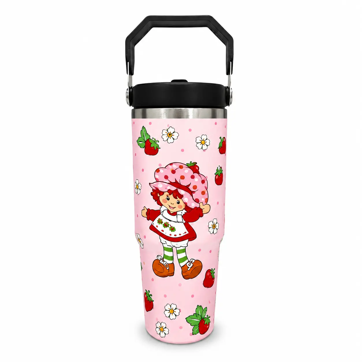 Retro Strawberry Cartoon Girl 30oz Stainless Steel Tumbler with Handle, Cute Pink Berry Sweet Vibe Travel Cup with Straw Lid, Perfect Birthday or Christmas Gift for Women, Teens and Cartoon Lovers