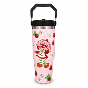 Retro Strawberry Cartoon Girl 30oz Stainless Steel Tumbler with Handle, Cute Pink Berry Sweet Vibe Travel Cup with Straw Lid, Perfect Birthday or Christmas Gift for Women, Teens and Cartoon Lovers