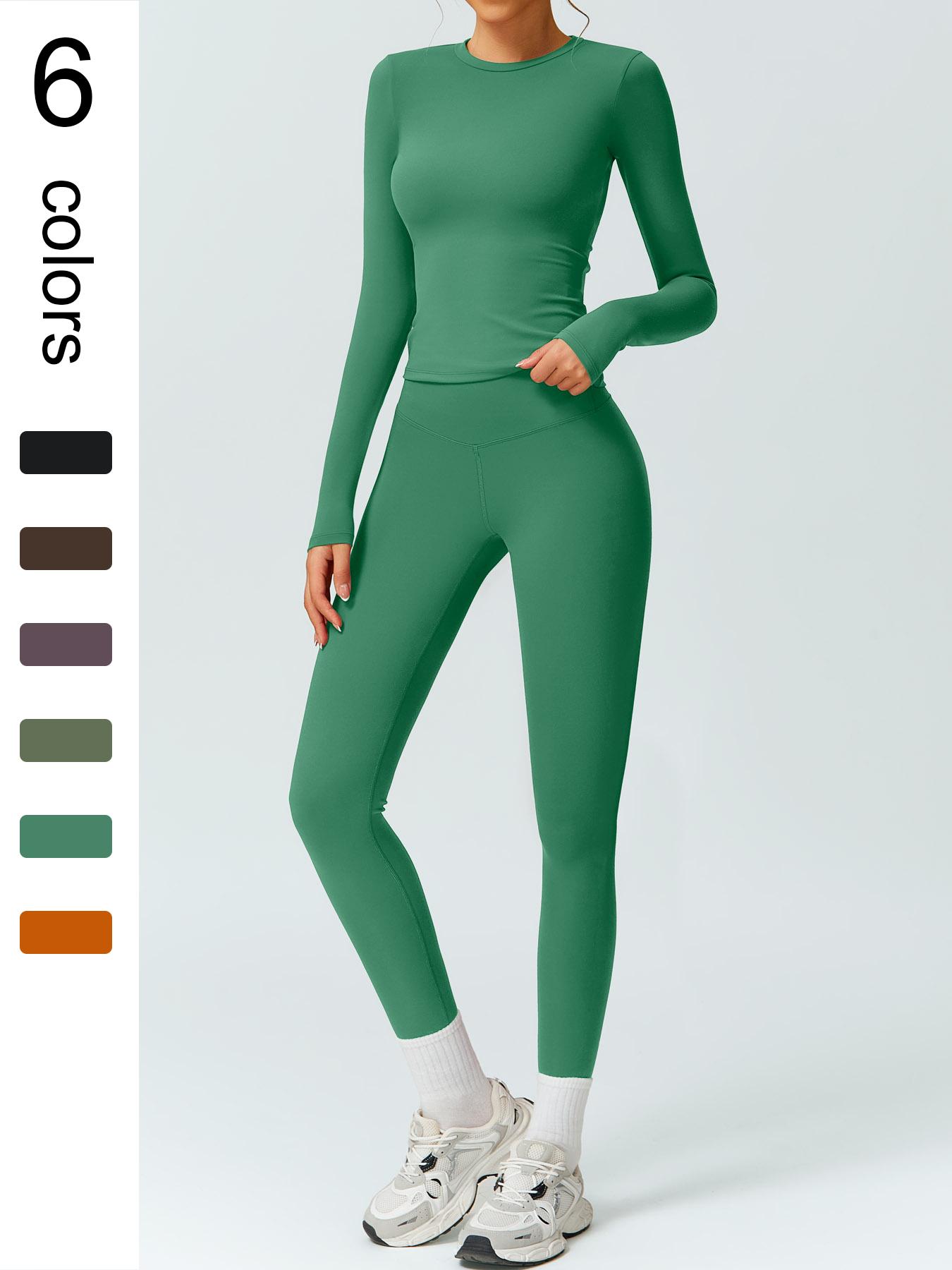 Women's Solid Color Long Sleeve Tee & High Waist Leggings Workout Set, Sporty Comfy Breathable Outfits for Gym Running, Workout Running Clothes, Ladies Fall & Winter Sportswear