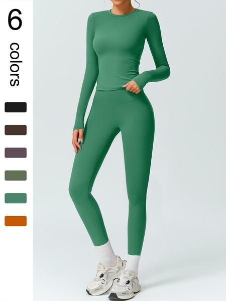 Women's Solid Color Long Sleeve Tee & High Waist Leggings Workout Set, Sporty Comfy Breathable Outfits for Gym Running, Workout Running Clothes, Ladies Fall & Winter Sportswear