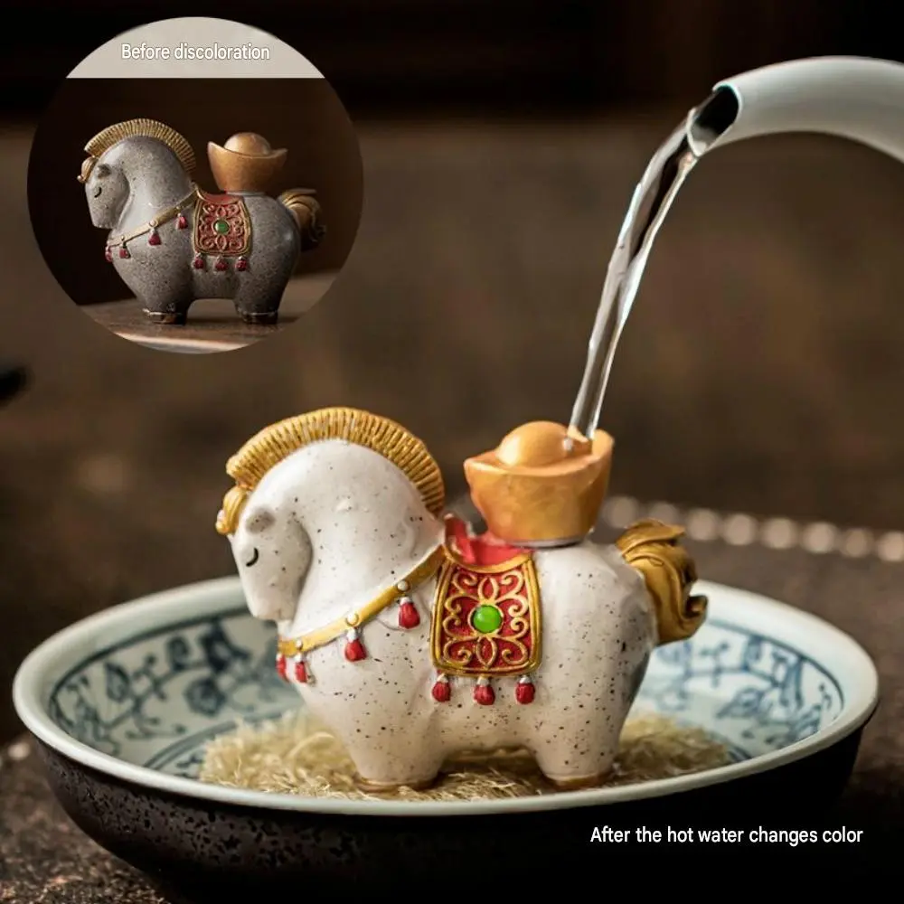 Traditional Zisha Clay Heat-Activated Color-Changing Tang Horse Wealth Charm - Antique Glossy Money-On-Horseback Figurine, Cultivable Bag Accessory for Tea Tray Styling