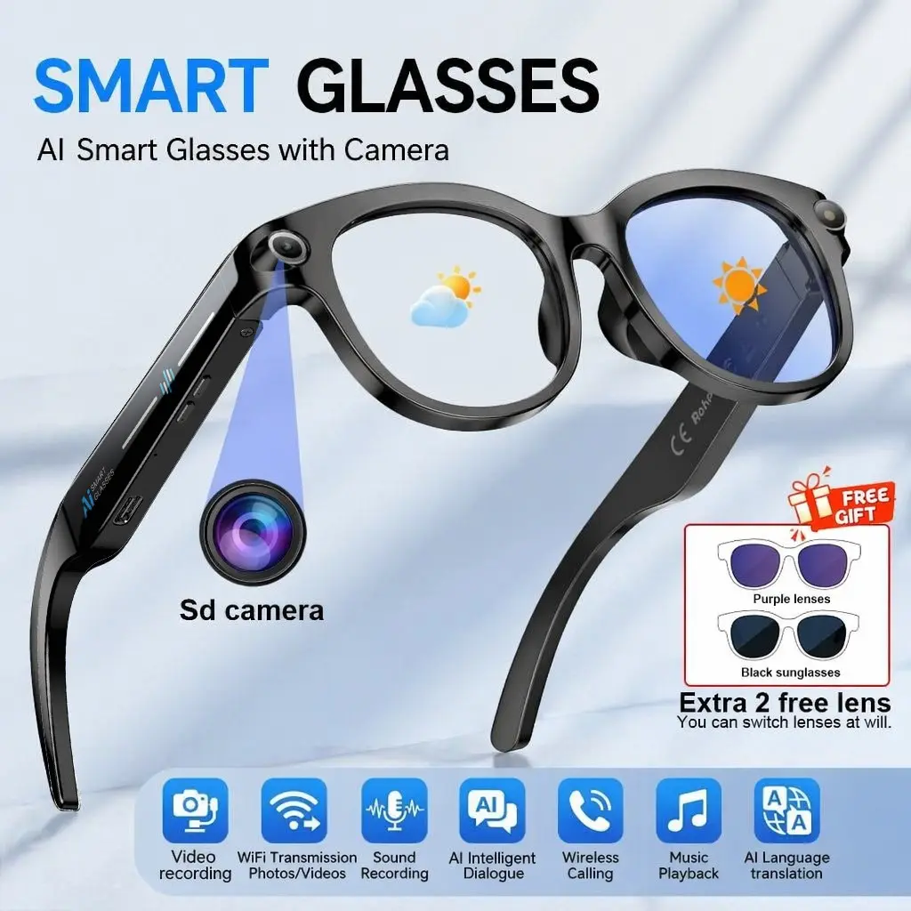 Smart Glasses with Camera, Real-Time Translation, Ai Voice Assistant, Music Control, Wireless Audio & Calling, Perfect Gift for Men & Women