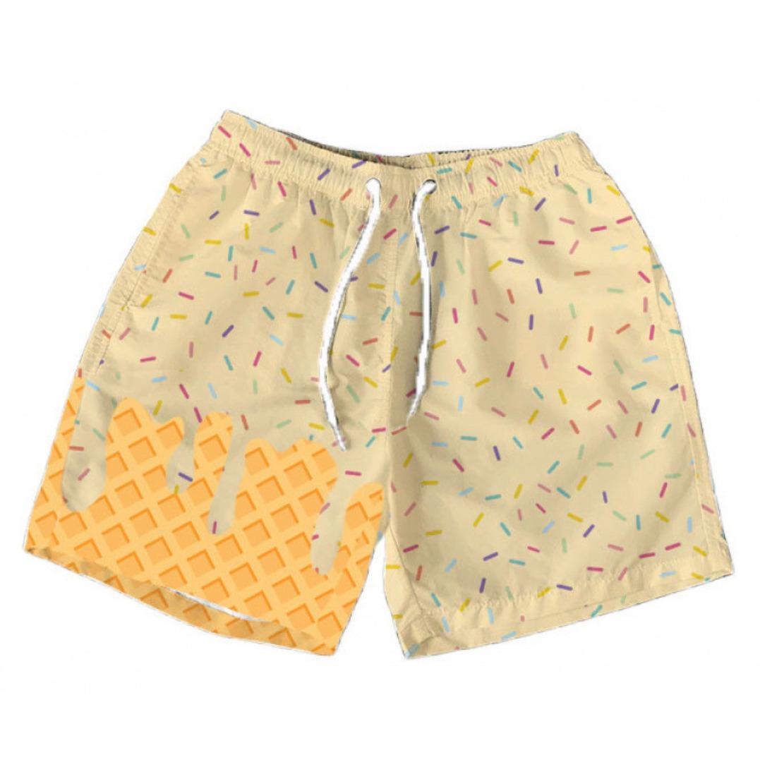Polyester breathable 3D printed ice cream beach shorts, summer vacation loose surfing shorts, unisex fun casual sports shorts