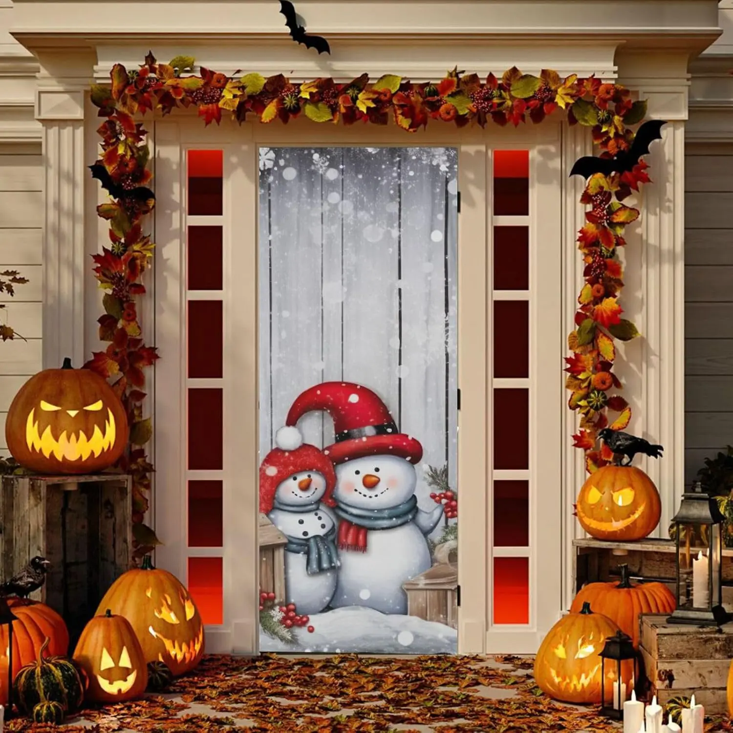 Christmas Snowman Door Cover Washable High Elastic Fabric Front Door Cover for  Party  Decor,32x79Inch