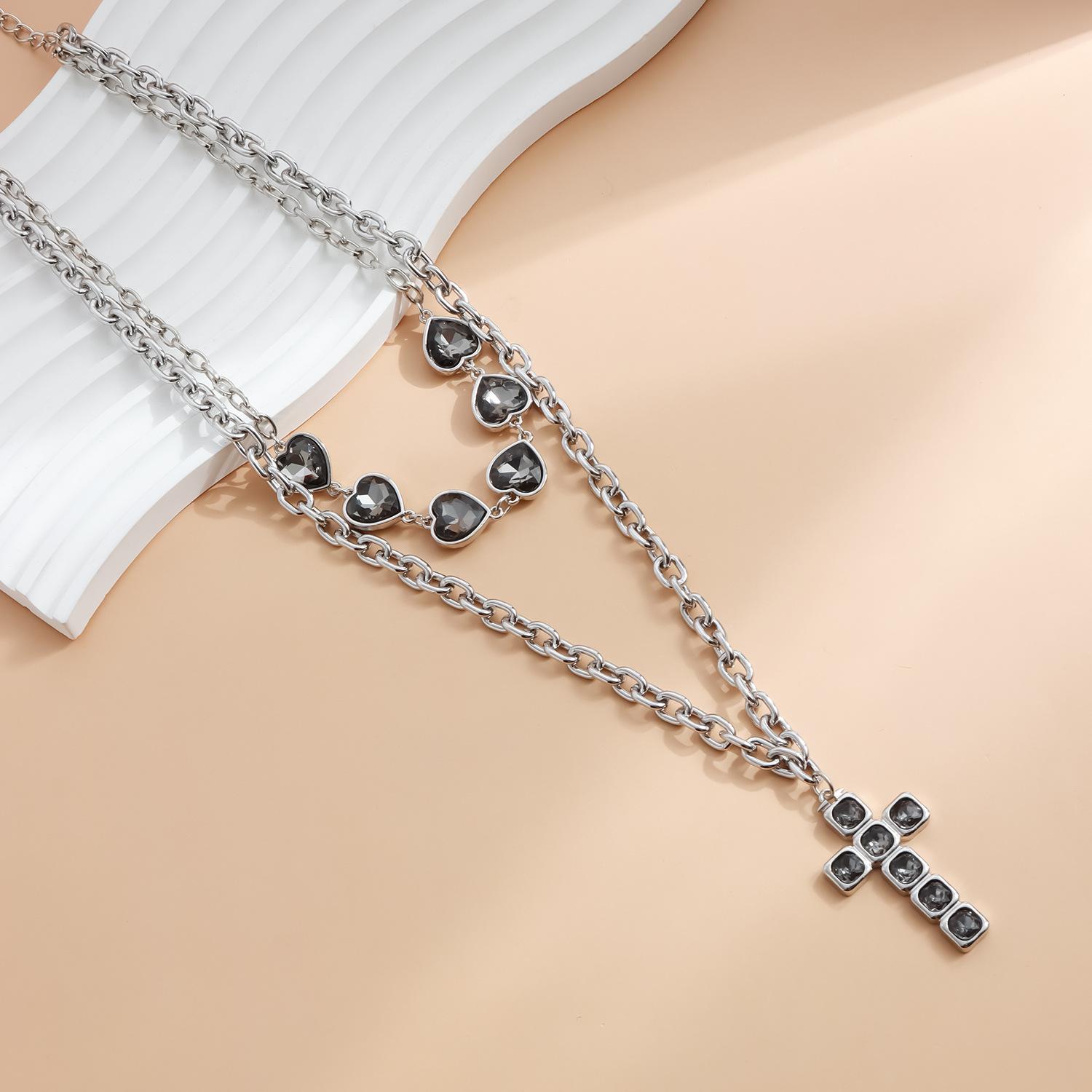 Layered Cross Necklaces for Women Silver Chunky Chain Black Heart Choker Pendant Punk Party Concert Everyday Streetwear Trendy Jewelry Gifts