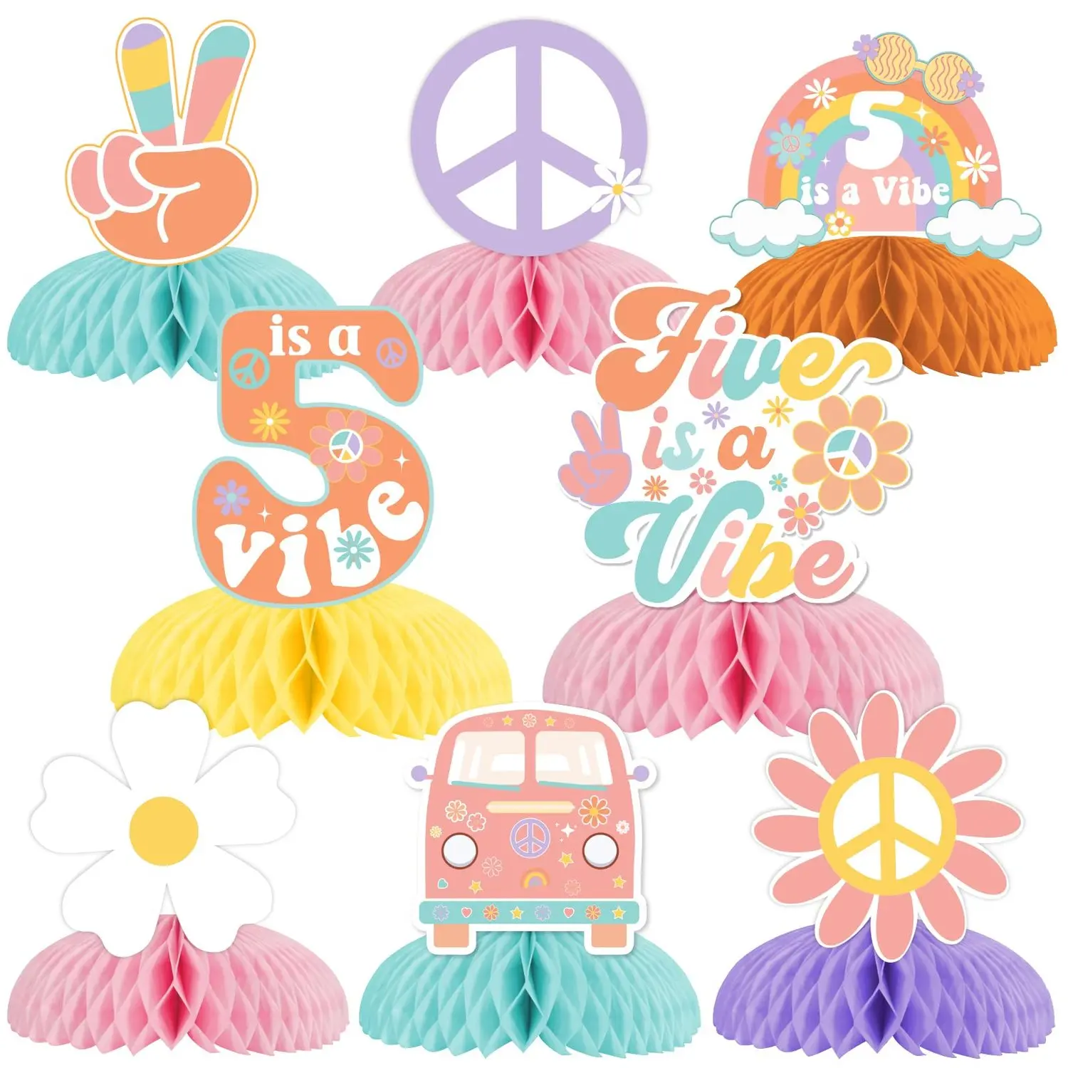 8 Pieces Five Is A Vibe Honeycomb Centerpieces Boho Girls 5th Birthday Party Decorations Daisy Flower Retro 60s 70s Hippie Theme Table Toppers Decors Party Supplies