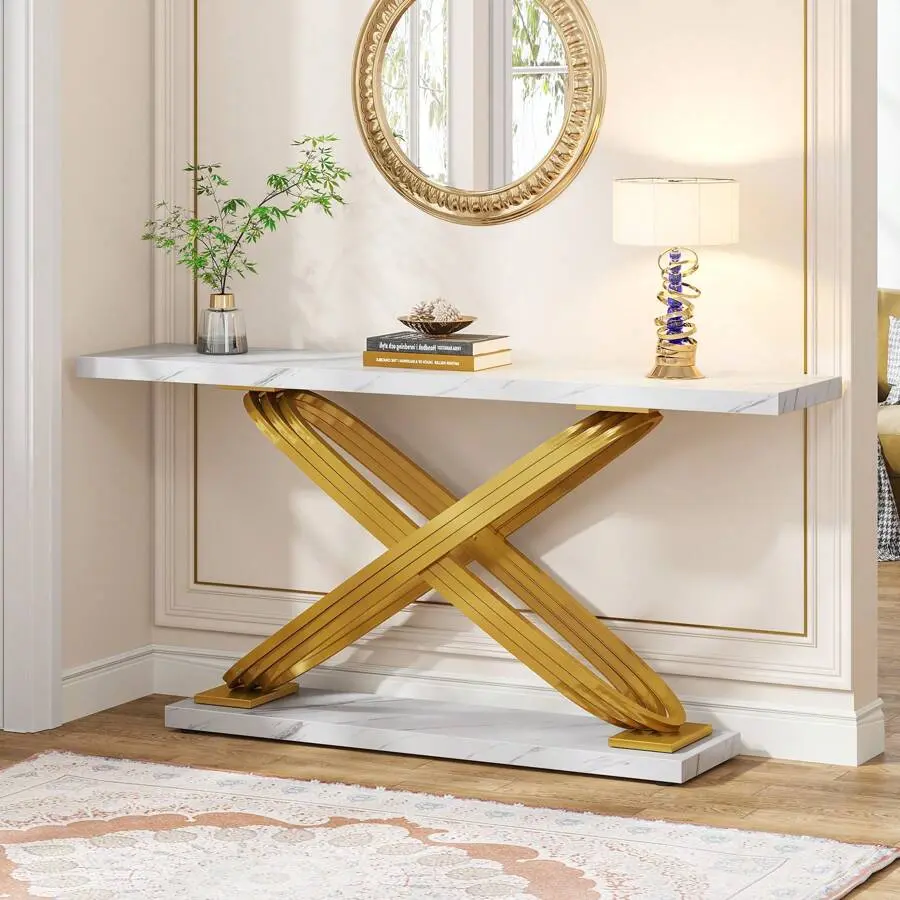 55 Inch Contemporary Console Table, Faux Gold Entryway Table Behind Sofa Couch, Sleek Rectangular Sofa Table Living Room, Bedroom, Entrance Hall, Hallway, Gold & White, Home Office Decor Furniture, White Gold
