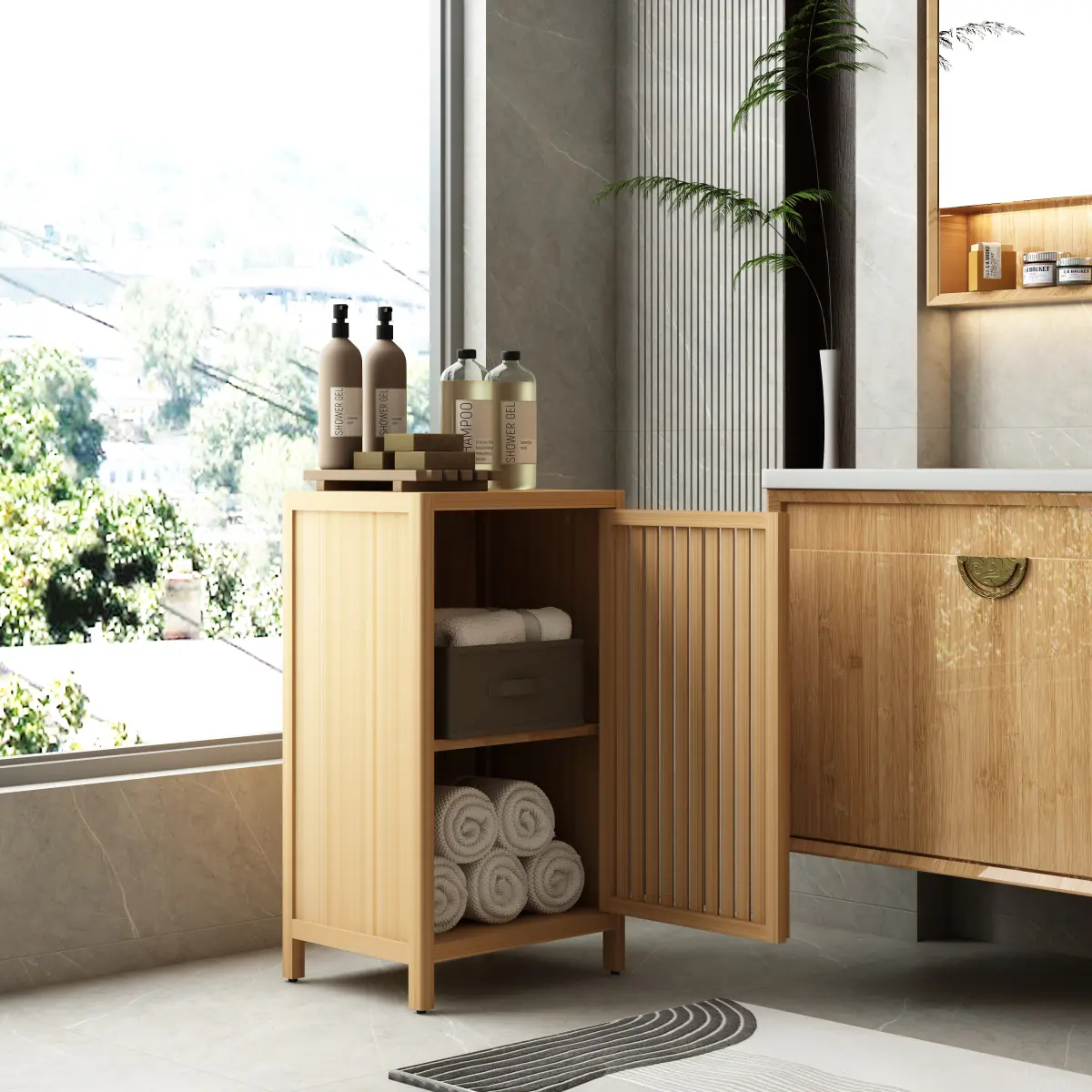 Space Saving Furniture Rectangular Freestanding Narrow Storage Cabinet with Bamboo Frame, 16.54"L×12.99"W×29.53"H, Floor Cabinet for Bathroom, Kitchen, Organizes Toiletries, Tableware, Spices, Daily Supplies, 16.5X12.9x29.5"