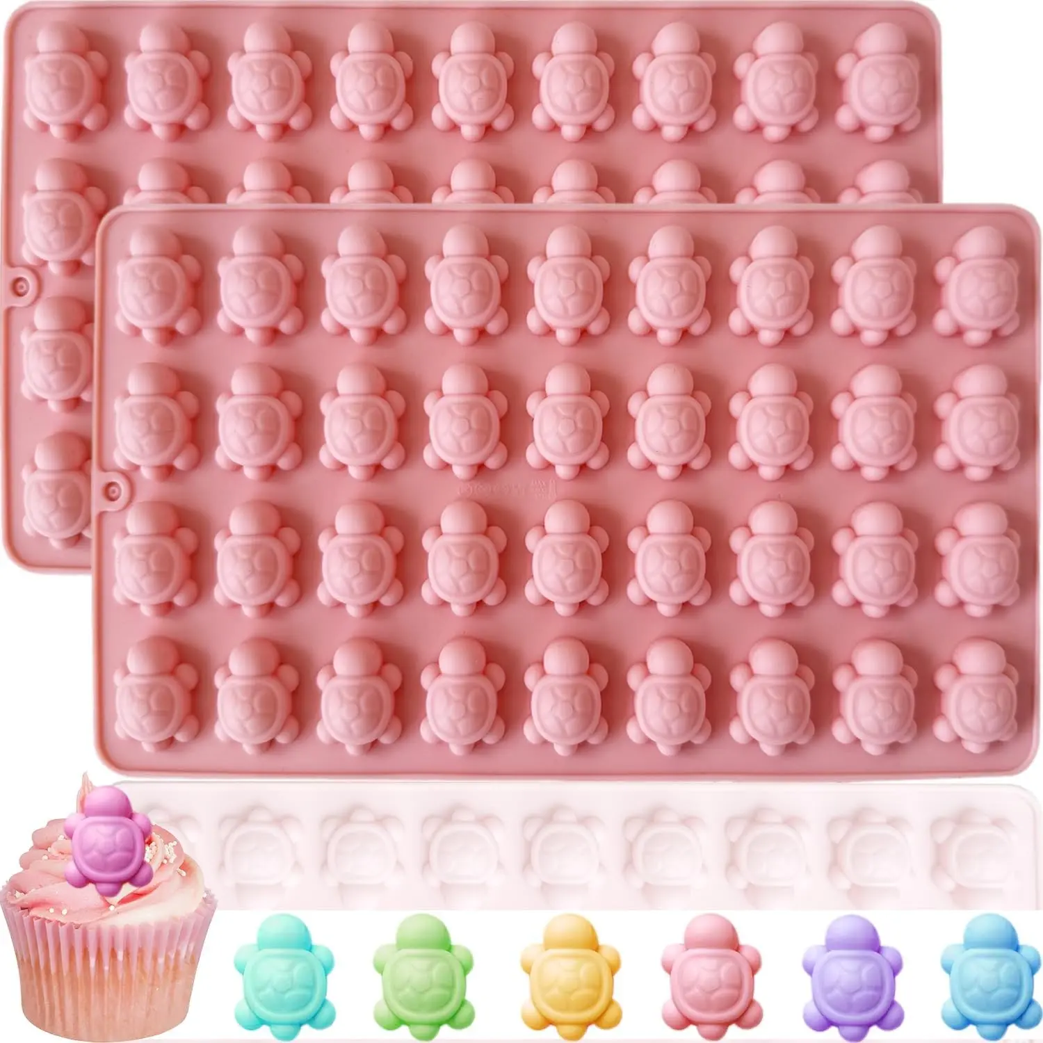 2 Pack 72-Cavity Mini Sea Turtle Silicone Molds, Pink Tortoise Mold for Chocolate Candy Gummy Jello Ice Cube Wax Resin, Ideal for DIY Baking Desserts Cake Decoration