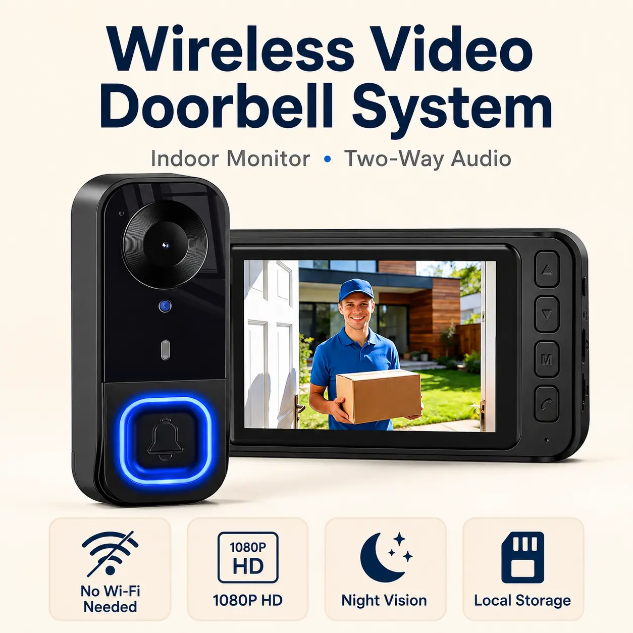 Wireless 1080P Video Doorbell with Display Screen and Free Local Storage, No Monthly Fee or Smartphone App Needed, Weatherproof Door Camera with Two-Way Talk, Wide Viewing Angle and Night Vision