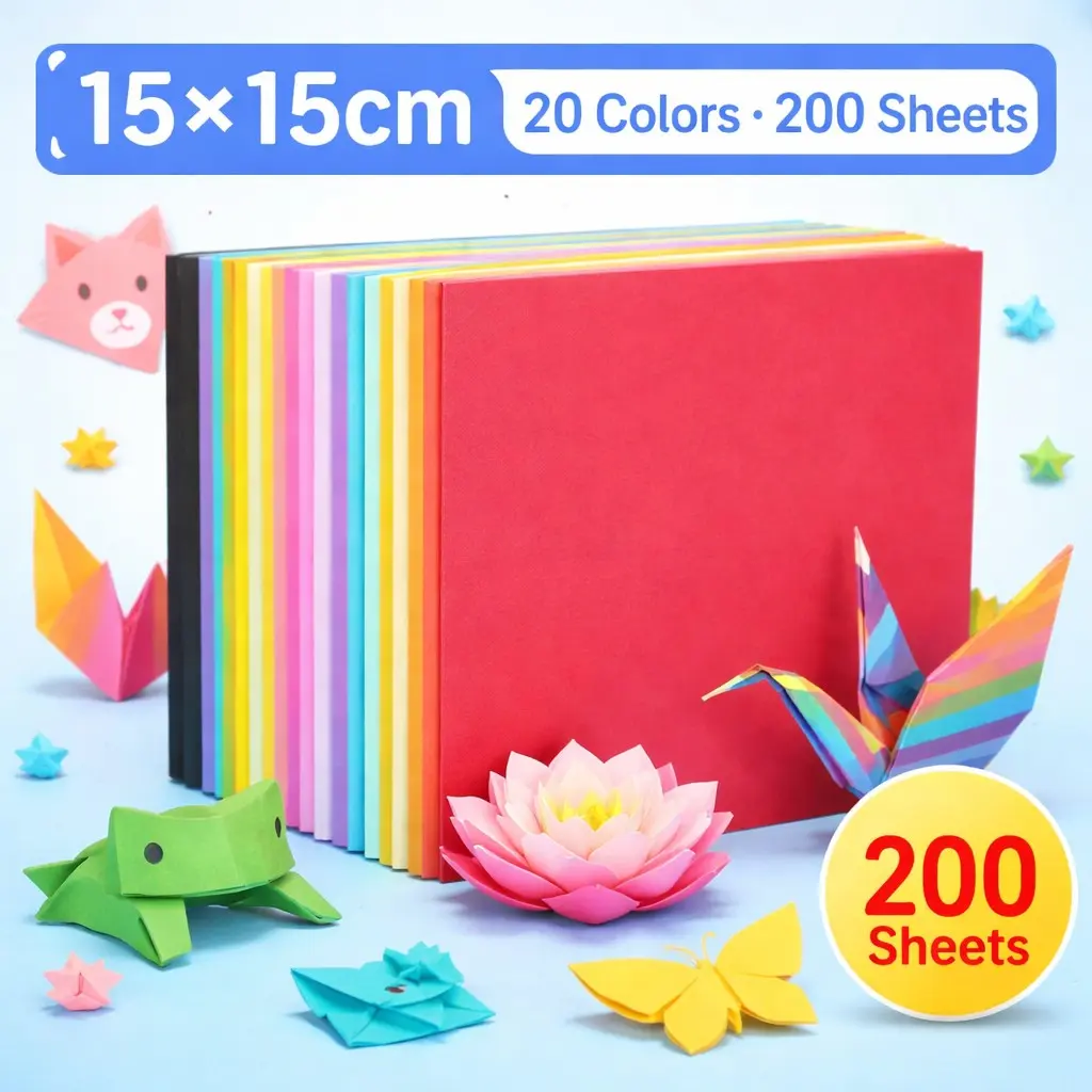 15x15cm Origami Paper, 20 Colors, 200 Sheets, Generous Quantity, Ideal for Beginners & DIY Crafts, Perfect for Folding Cranes, Flowers, Stars