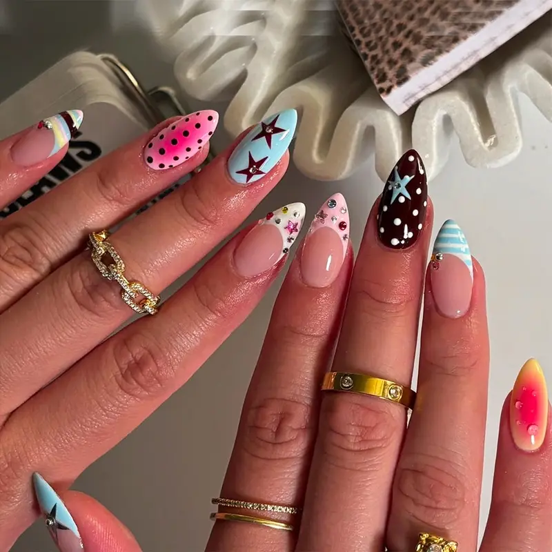 24pcs Set of Almond Shaped Press On Decorative Nails Powder Blue Brown Striped French Design, Hand-Painted Blue Brown Stars, Polka Dots, and Sparkling Rhinestone Star Accents Mid Length Acrylic Fake Nails Summer Dopamine Style with Silver Glitter