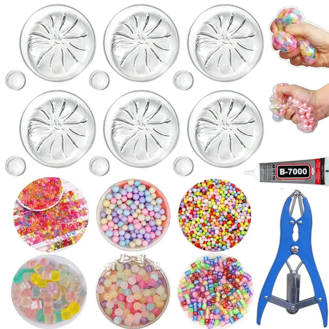 DIY Stress Ball Making Kit, Includes 6 Filling Packs, 6 Transparent Skin Pieces, 15ML Glue, Expansion Tool, Ideal for Adults and Beginners