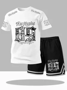 Men's Short Sleeve T-Shirt & Shorts Set, Vintage West Coast Print, Casual Streetwear, Loose-Fit, Knee-Length, Multifunctional Hip-Hop Fashion