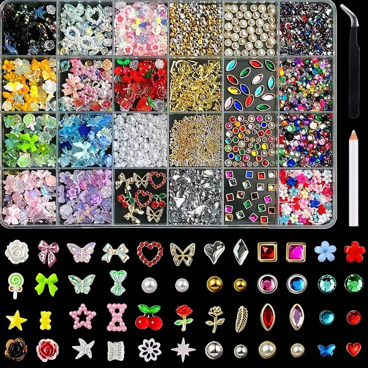 1Box 3D Multiple Style Colorful Resin Butterfly Flower Strawberry Feather Nail Charms Exquisite Simulated Alloy Cherry Heart Mini Rhinestones Inlaid Mixed Manicure Nail Art Accessories DIY Nails Bag Fan Clothing Crafts