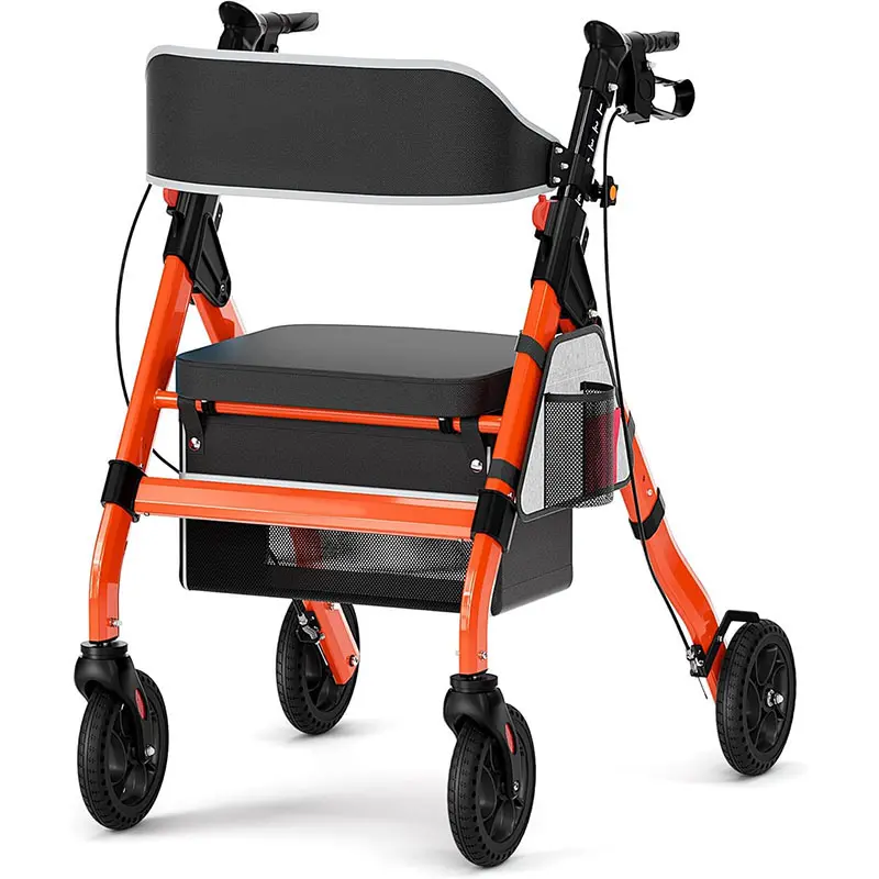 ARCH Compact Folding Walker for Seniors - 450lb Capacity, 8" Puncture-Proof Wheels, 18" Seat Width, 6-Position Adjustable Height, Heavy-Duty Aluminum Frame, Red Indoor/Outdoor Mobility Aid