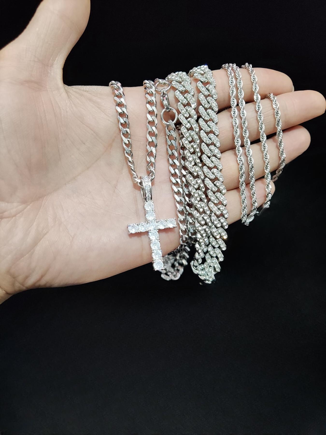 Street Style Artificial Zircon Inlaid Iced Out Cross Pendant & Cuban Chain Necklace, Fashion Jewelry for Party, Daily Clothing Decor, Trendy All-match & Exquisite Jewelry for Birthday Gift