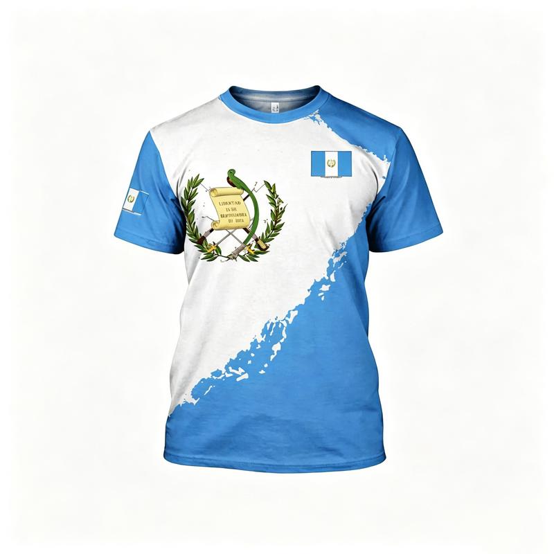 Guatemala Flag Map T-Shirt, Quetzal Coat of Arms Printed with the flag and emblem of Guatemala, suitable for summer wear, this item makes a great gift for patriots or travelers.