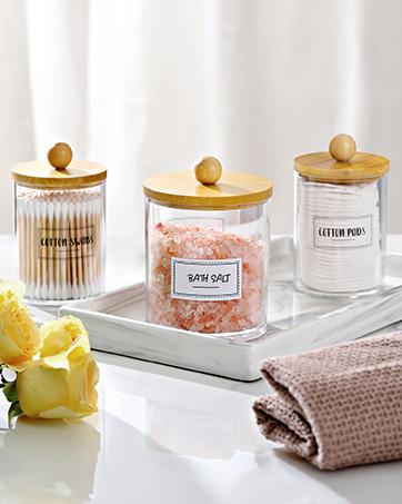 4 Pack Qtip Holder Dispenser with Bamboo Lids - 10 oz Clear Plastic Apothecary Jar Containers for Vanity Makeup Organizer Storage - Bathroom Accessories Set for Cotton Swab, Ball, Pads, Floss