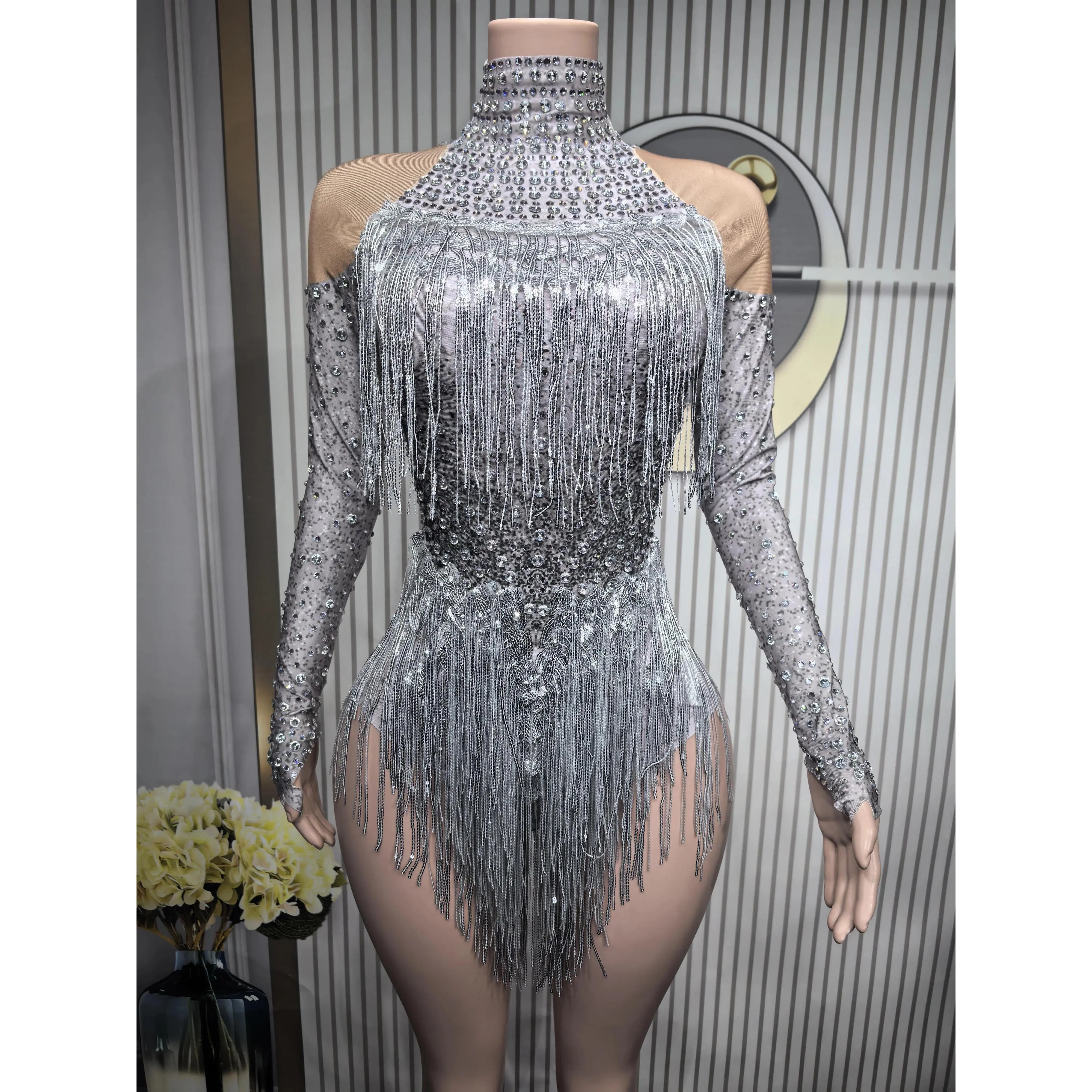 Women Sparkly Rhinestone Sequin Tassel StretchBodysuits 2025 New Arrival Birthday Party Stage Performance Costume  D208