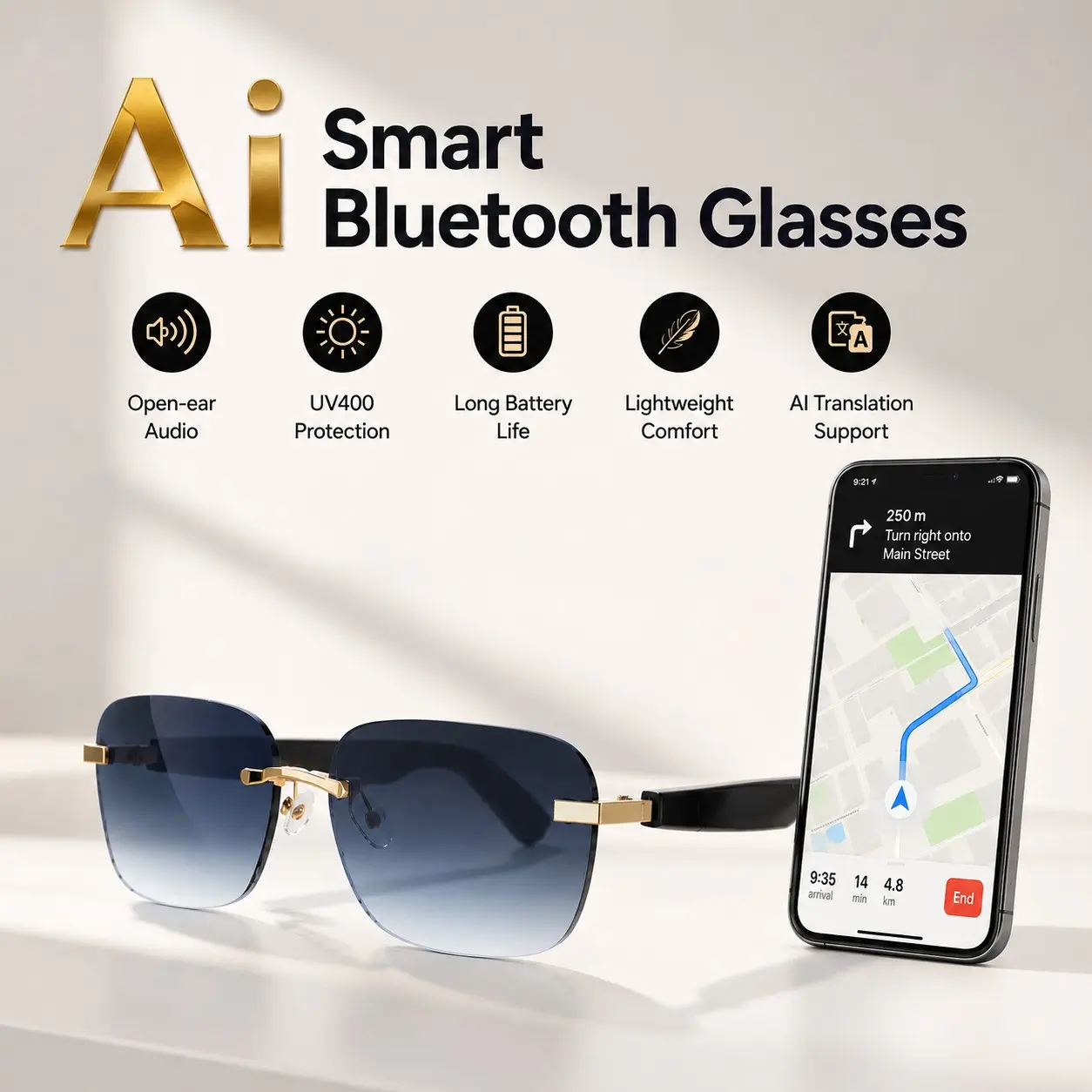 AI Bluetooth Smart Glasses, Multi-Language Translator Sunglasses, UV Protection Frameless Audio Glasses, Auto In-Ear Detection, Sweatproof Wireless Music Glasses for Travel Navigation Business Meetings
