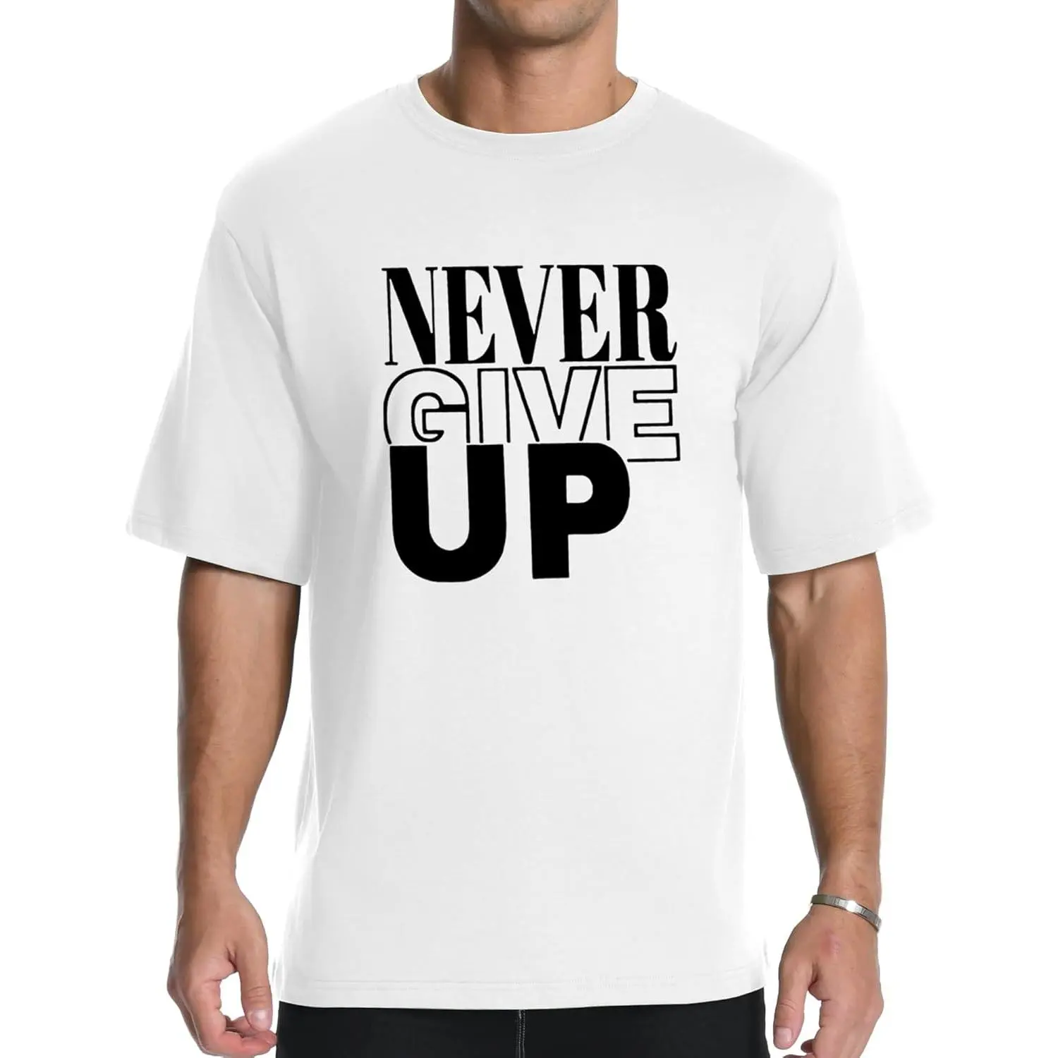 Men's 'Never Give Up' Short Sleeve Graphic T-Shirt, Heavyweight Stretch Cotton Fabric with a Tapered Fit, Basic Streetwear Tops for Layering, Shortsleeve, Graphic Tees, Thanksgiving, Easter, Valentines Day, Digital Print, All Over Print
