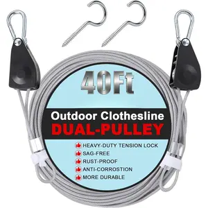 Retractable Clothesline Outdoors, Travel Clothes Drying Line, Heavy Duty Dual Pulley System with Nylon-Coated Steel Wire, Portable Laundry Line for Camping, Backyard, RV, Cruise Ships (40Ft)